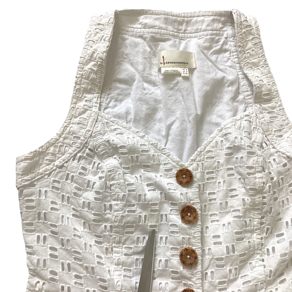 Anthropologie White Eyelet Cotton Button Front Romper Pockets Size 2 - Picture 12 of 12